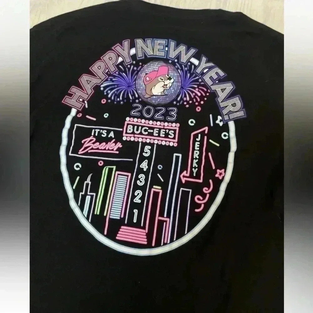 Buc-ee's T Shirt Adult L Black Happy New Year 2023 Short Sleeve Crew Neck beaver - Picture 10 of 15